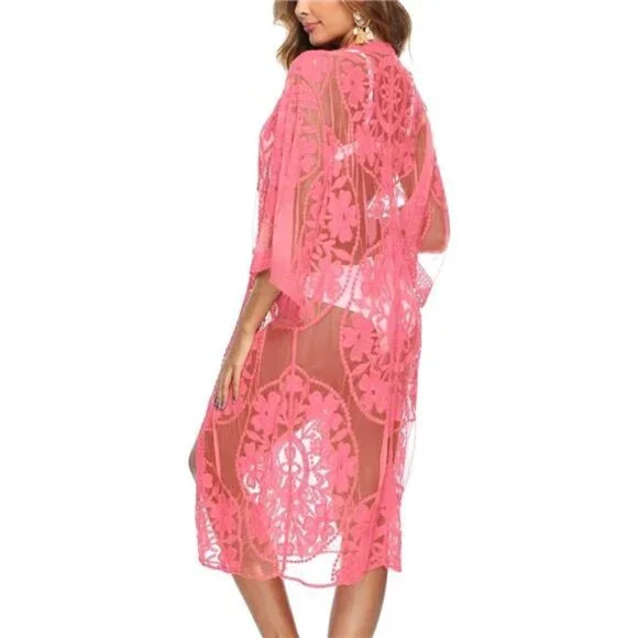 Women's Floral Lace Sheer Kimono Cover Up Beach Cardigan Long Crochet Swimsuit